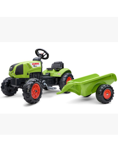 FALK Žalias Claas pedalų traktorius su priekaba ir garso signalu nuo 2 metų amžiaus.
