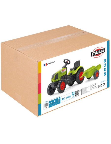 FALK Žalias Claas pedalų traktorius su priekaba ir garso signalu nuo 2 metų amžiaus.