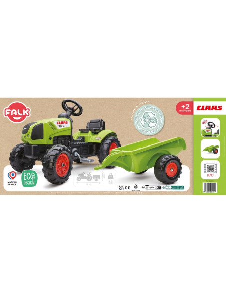 FALK Žalias Claas pedalų traktorius su priekaba ir garso signalu nuo 2 metų amžiaus.