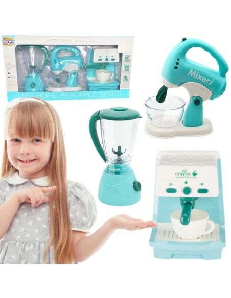 WOOPIE 3 viename buitinės technikos rinkinys: kavos virimo aparatas, maišytuvas, trintuvas, garso ir šviesos efektai