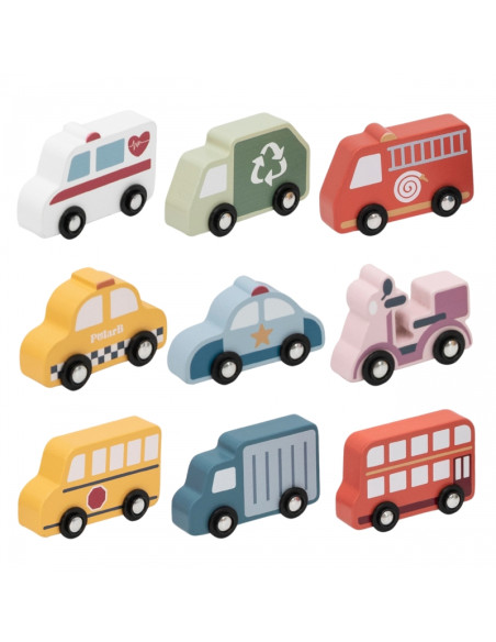 VIGA medinis spalvingų miesto transporto priemonių rinkinys, 9 vnt. VIGA medinis spalvingų miesto transporto priemonių rinkinys, 9 vnt.