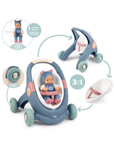 SMOBY Little Walker Pusher 3in1 vežimėlis vaikams + kūdikio lėlė SMOBY Little Walker Pusher 3in1 vežimėlis vaikams + kūdikio lėlė
