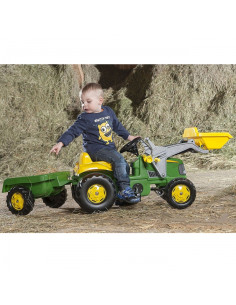 Rolly Toys RollyKid John Deere pedalinis traktorius su kibiru ir priekaba, žalias 2