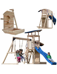 AXI medinės didelės žaidimų aikštelės sūpynės, čiuožykla ir smėlio dėžė