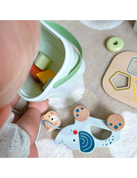 WOOPIE GREEN Pudełko Sorter Box 3w1 Klocki Piramidka Słonik FSC