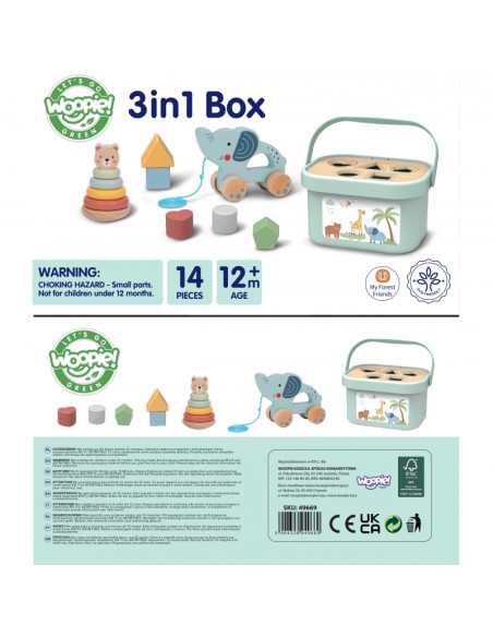 WOOPIE GREEN Pudełko Sorter Box 3w1 Klocki Piramidka Słonik FSC