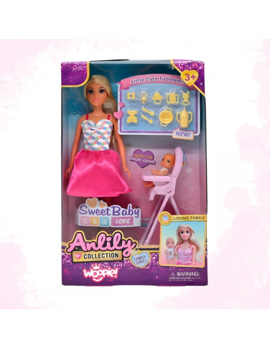 WOOPIE ROYAL Anlily Families lėlė mamos su kūdikiu, maitinimo kėdutės ir kt. priedų rinkinys
