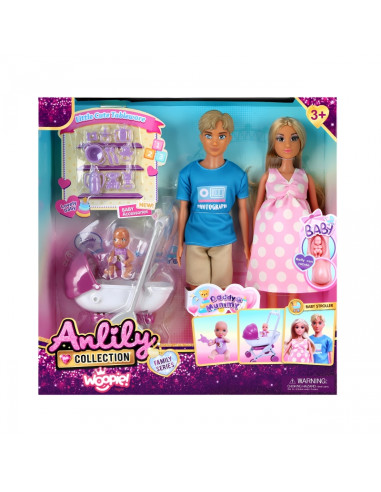 WOOPIE ROYAL Anlily FAMILY SERIES lėlių rinkinys, kūdikio vežimėlis, priedai