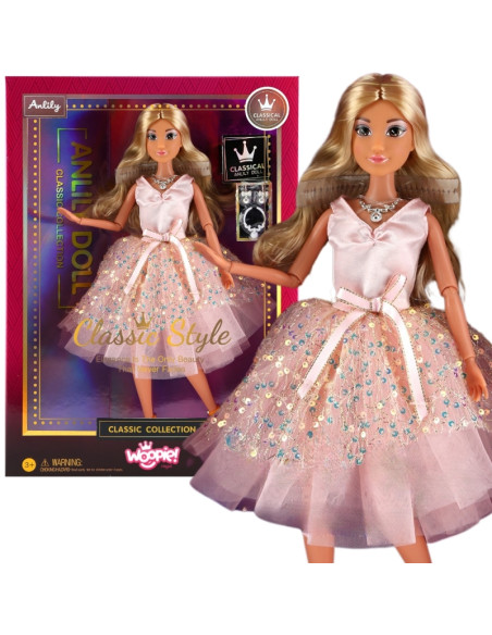 WOOPIE ROYAL Lalka Lily 30 cm Długie Blond Włosy Różowa Suknia Biżuteria