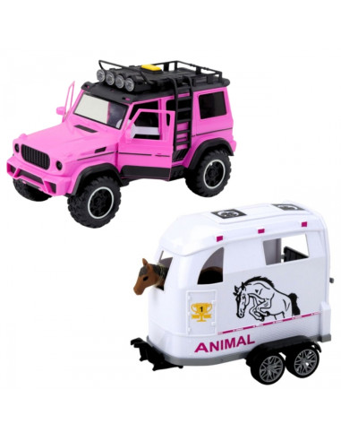 ВУПИ Розовый внедорожник с прицепом и набором фигурок лошадей