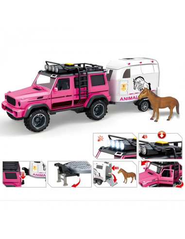 ВУПИ Розовый внедорожник с прицепом и набором фигурок лошадей
