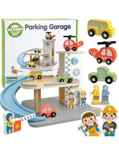 WOOPIE GREEN Drewniany Parking Piętrowy 2w1 Stacja Benzynowa z Autkami i Figurkami 12 el. FSC