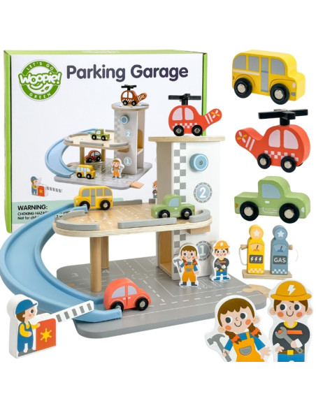 WOOPIE GREEN Drewniany Parking Piętrowy 2w1 Stacja Benzynowa z Autkami i Figurkami 12 el. FSC