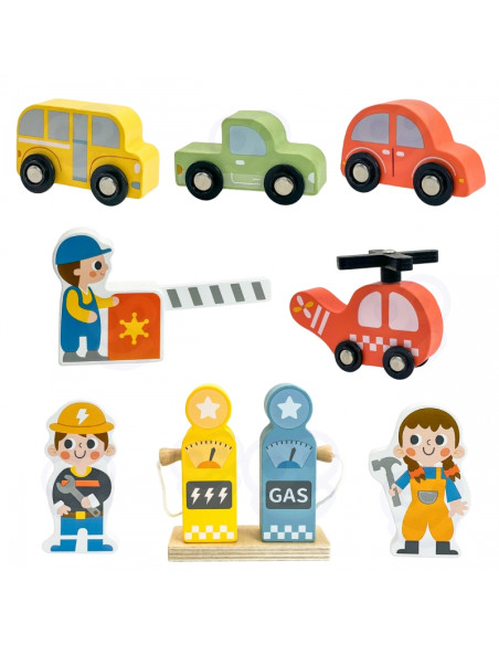 WOOPIE GREEN Drewniany Parking Piętrowy 2w1 Stacja Benzynowa z Autkami i Figurkami 12 el. FSC