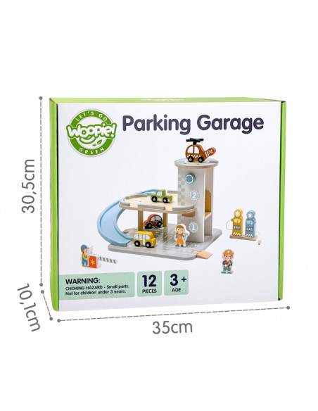 WOOPIE GREEN Деревянный гараж 2 в 1, заправочная станция с машинками и фигурками, 12 шт. FSC