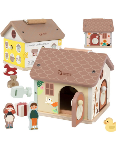 CLASSIC WORLD Drewniany Domek Sensoryczny Edukacyjny z Zamkami Kluczykami 11el.