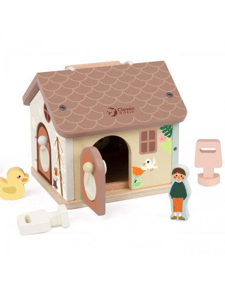 CLASSIC WORLD Drewniany Domek Sensoryczny Edukacyjny z Zamkami Kluczykami 11el.