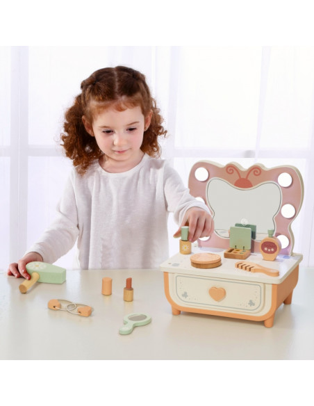 Игрушка TOOKY TOY, деревянный туалетный столик с бабочкой, зеркало со светодиодной подсветкой + косметика