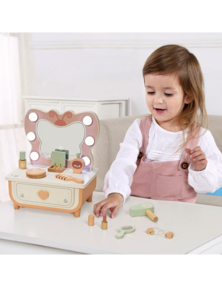 TOOKY TOY Drewniana Toaletka Motyl Akcesoria Lustro z Oświetleniem LED + Kosmetyki