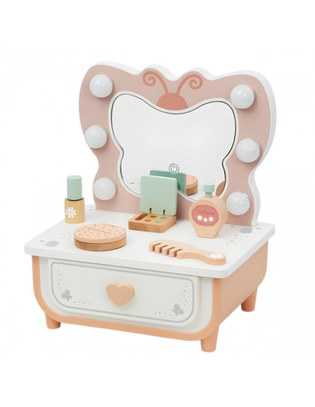 TOOKY TOY Drewniana Toaletka Motyl Akcesoria Lustro z Oświetleniem LED + Kosmetyki