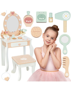 TOOKY TOY Drewniana Toaletka z Krzesełkiem Akcesoria Lustro z Oświetleniem LED + Kosmetyki