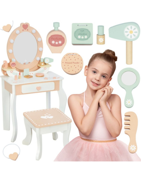 TOOKY TOY Drewniana Toaletka z Krzesełkiem Akcesoria Lustro z Oświetleniem LED + Kosmetyki