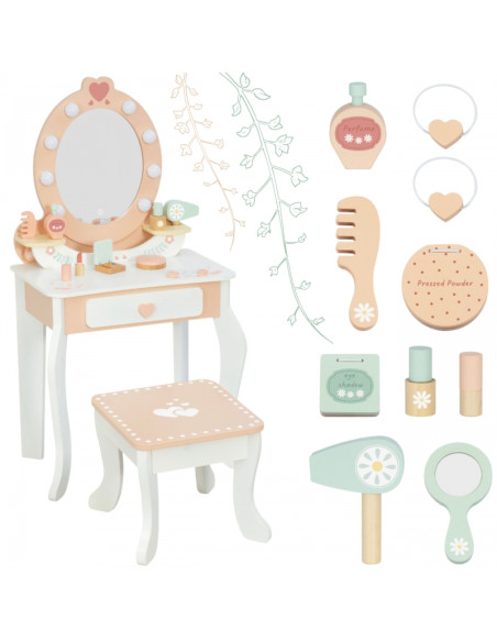 TOOKY TOY Drewniana Toaletka z Krzesełkiem Akcesoria Lustro z Oświetleniem LED + Kosmetyki