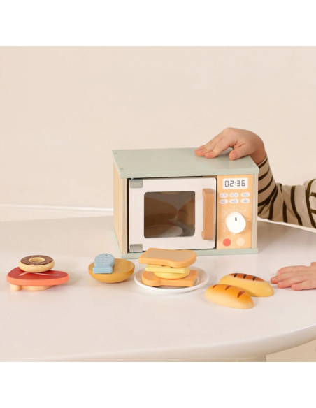 TOOKY TOY Drewniana Kuchenka Mikrofalowa Zestaw Produktów Spożywczych