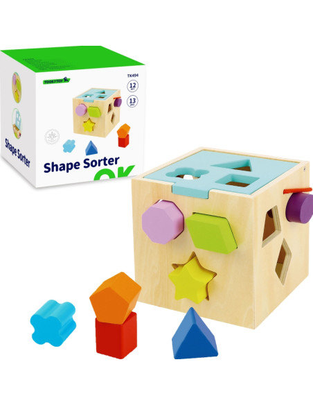 TOOKY TOY medinis rūšiavimo kubas su spalvotais raštais, 13 el.