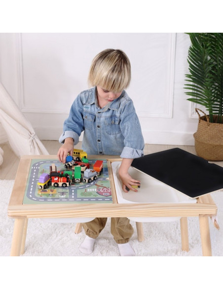 WOOPIE GREEN Drewniany Stolik Aktywności 4w1 Tablica Kredowa Pojemniki Mapa Miasta Papier Rysunkowy