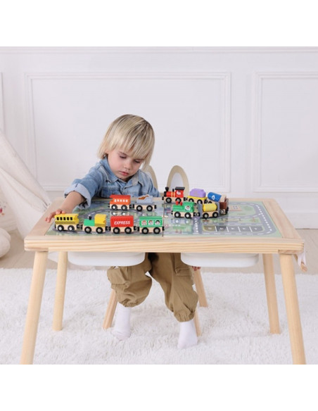 WOOPIE GREEN Drewniany Stolik Aktywności 4w1 Tablica Kredowa Pojemniki Mapa Miasta Papier Rysunkowy