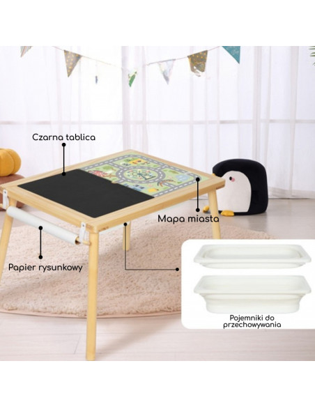 WOOPIE GREEN medinis 4 viename veiklos stalas, kreidinė lenta, konteineriai, miesto žemėlapis, piešimo popierius
