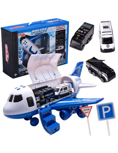 WOOPIE Foldable Police Plane Transporter with 3 Police Cars XL Set Road Signs