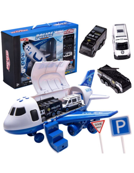 WOOPIE Foldable Police Plane Transporter with 3 Police Cars XL Set Road Signs