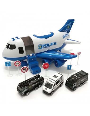WOOPIE Foldable Police Plane Transporter with 3 Police Cars XL Set Road Signs