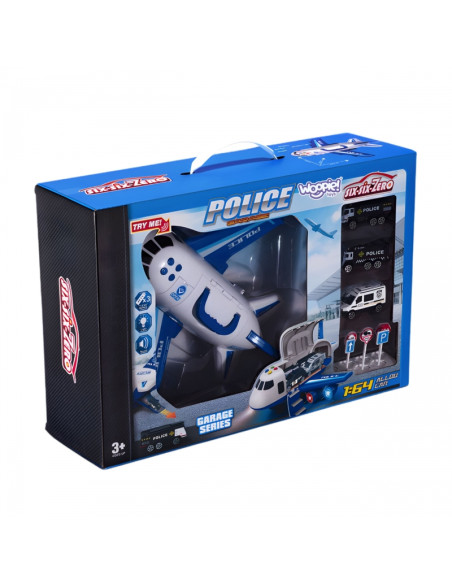 WOOPIE Foldable Police Plane Transporter with 3 Police Cars XL Set Road Signs