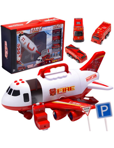WOOPIE Foldable Plane Fire Department Transporter with 3 Fire Trucks XL Set Road Signs