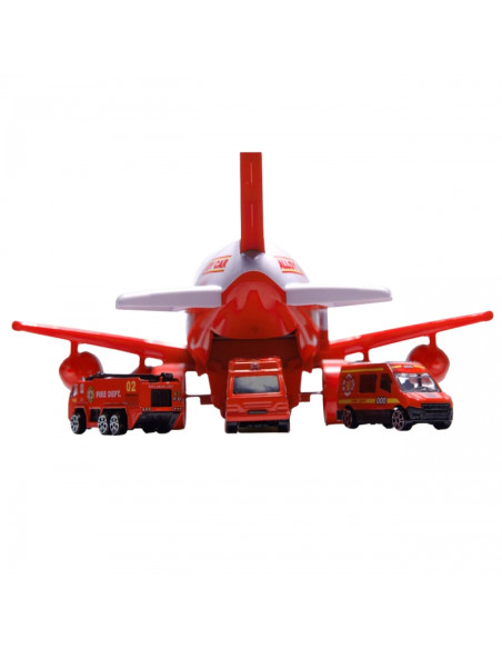 WOOPIE Foldable Plane Fire Department Transporter with 3 Fire Trucks XL Set Road Signs