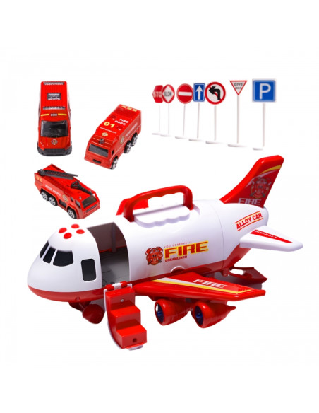WOOPIE Foldable Plane Fire Department Transporter with 3 Fire Trucks XL Set Road Signs