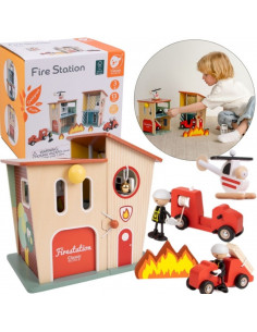 CLASSIC WORLD Wooden Fire Station Garage Car Helicopter Figures 13pcs.