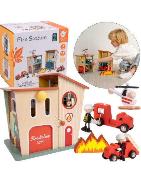 CLASSIC WORLD Remiza Strażacka Drewniana Garaż Auto Helikopter Figurki 13el.