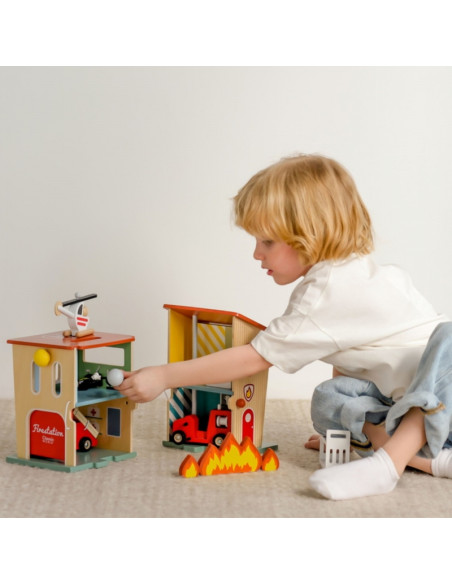 CLASSIC WORLD Wooden Fire Station Garage Car Helicopter Figures 13pcs.