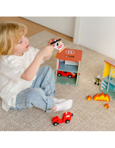 CLASSIC WORLD Wooden Fire Station Garage Car Helicopter Figures 13pcs.