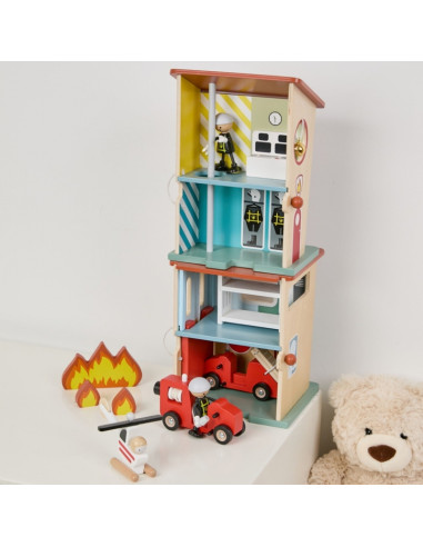 CLASSIC WORLD Wooden Fire Station Garage Car Helicopter Figures 13pcs.