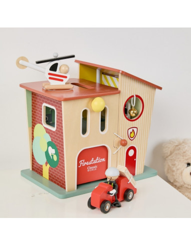 CLASSIC WORLD Wooden Fire Station Garage Car Helicopter Figures 13pcs.