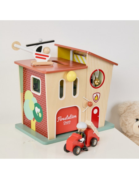 CLASSIC WORLD Wooden Fire Station Garage Car Helicopter Figures 13pcs.