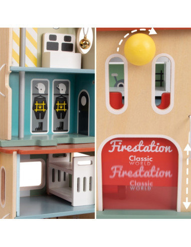 CLASSIC WORLD Wooden Fire Station Garage Car Helicopter Figures 13pcs.