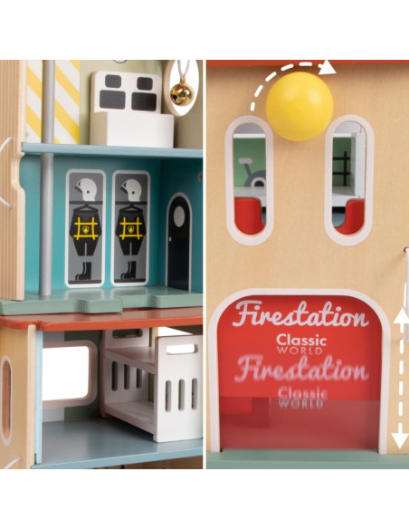 CLASSIC WORLD Wooden Fire Station Garage Car Helicopter Figures 13pcs.