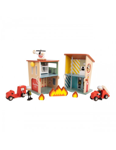 CLASSIC WORLD Wooden Fire Station Garage Car Helicopter Figures 13pcs.