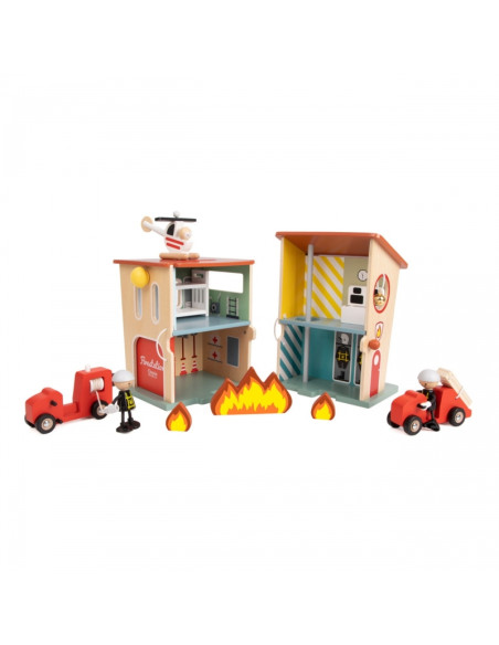 CLASSIC WORLD Wooden Fire Station Garage Car Helicopter Figures 13pcs.